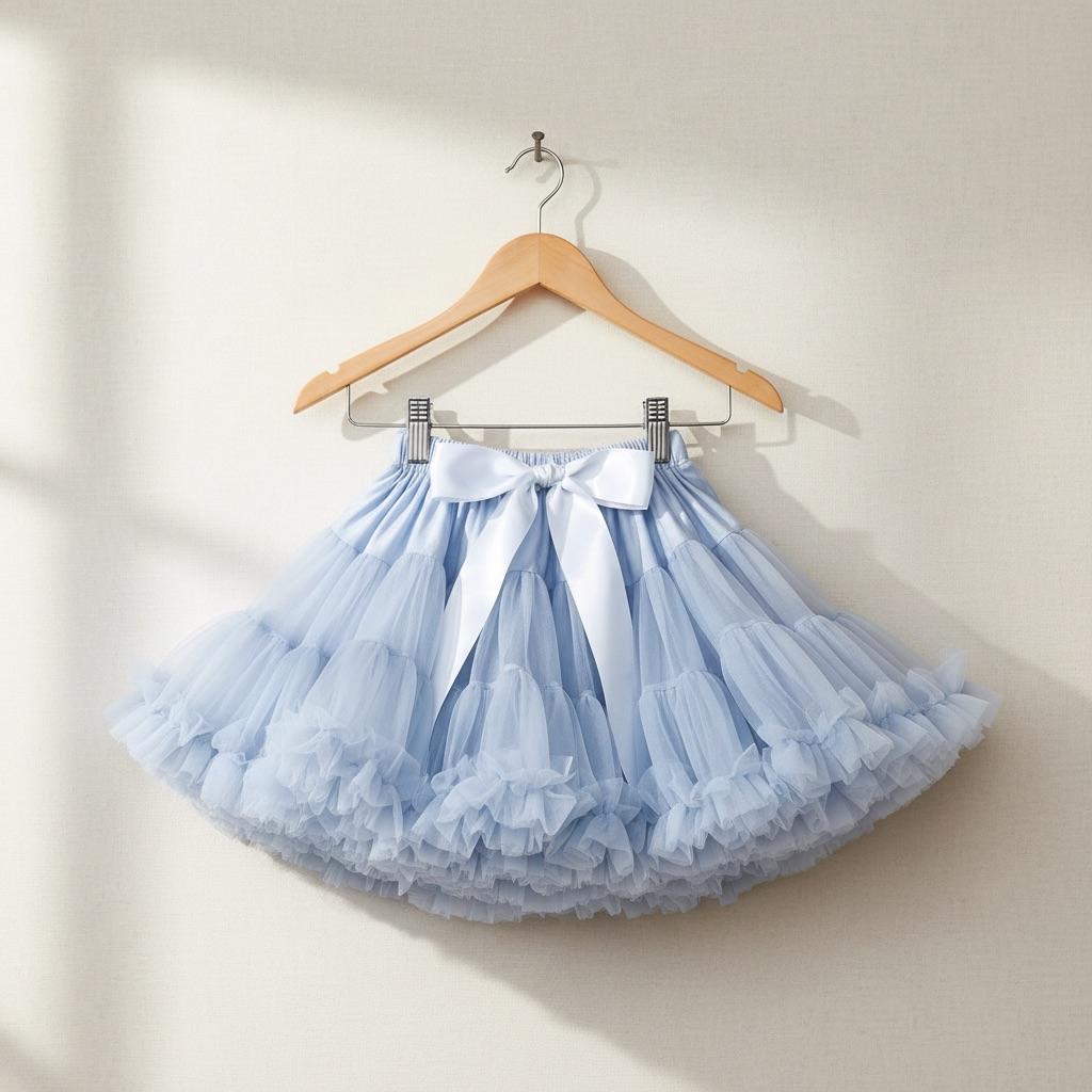 Light blue tutu skirt with a white bow on a wooden hanger against a white background