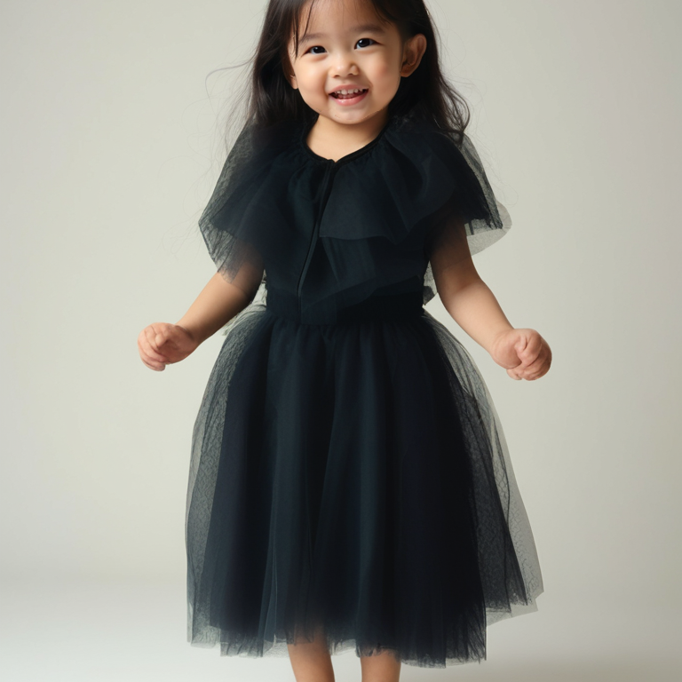 Child wearing a black dress with a ruffled top on a plain background