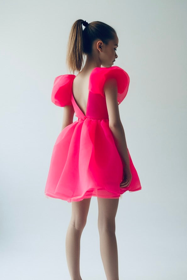 DOLLY V-BACK PUFF SLEEVE ORGANZA TUTU DRESS barbiepink