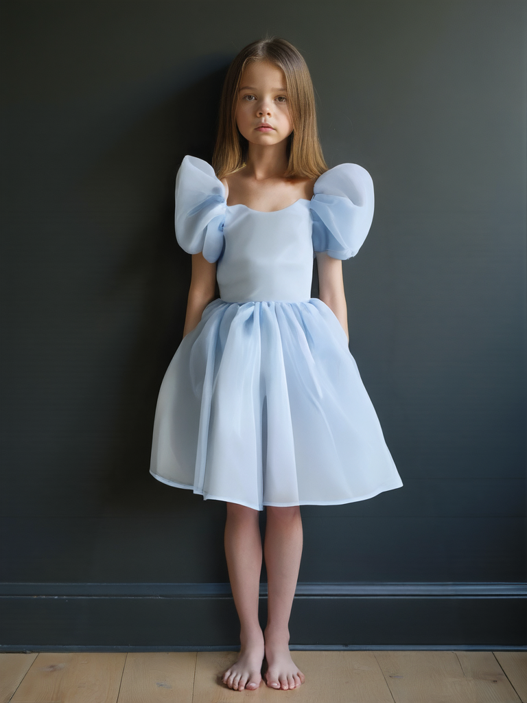 DOLLY V-BACK PUFF SLEEVE ORGANZA TUTU DRESS light blue