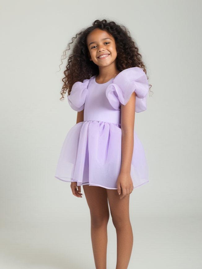 DOLLY V-BACK PUFF SLEEVE ORGANZA TUTU DRESS lavender