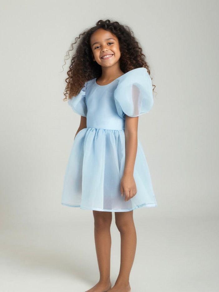 DOLLY V-BACK PUFF SLEEVE ORGANZA TUTU DRESS light blue