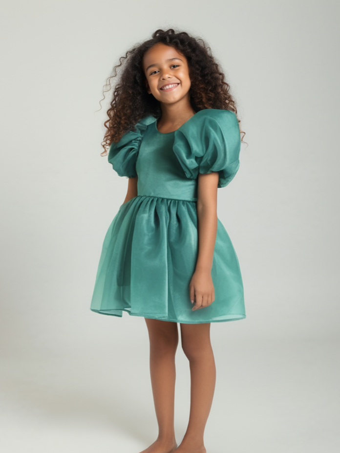 DOLLY V-BACK PUFF SLEEVE ORGANZA TUTU DRESS green