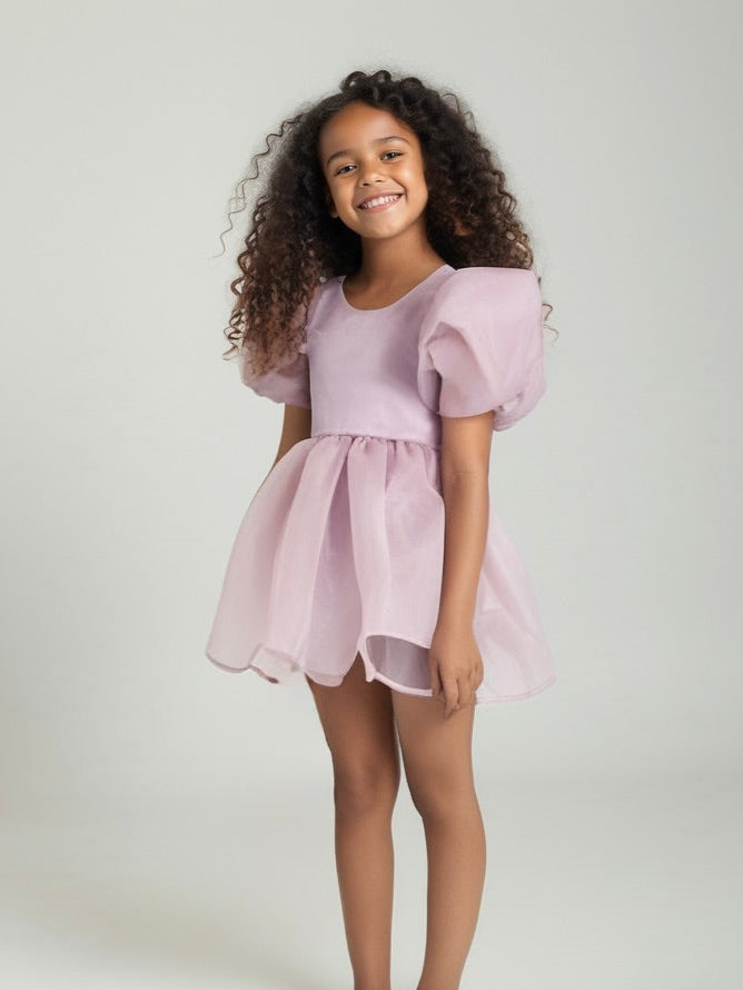 DOLLY V-BACK PUFF SLEEVE ORGANZA TUTU DRESS dusty pink