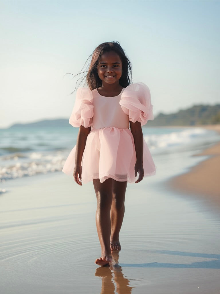 DOLLY V-BACK PUFF SLEEVE ORGANZA TUTU DRESS dollypink
