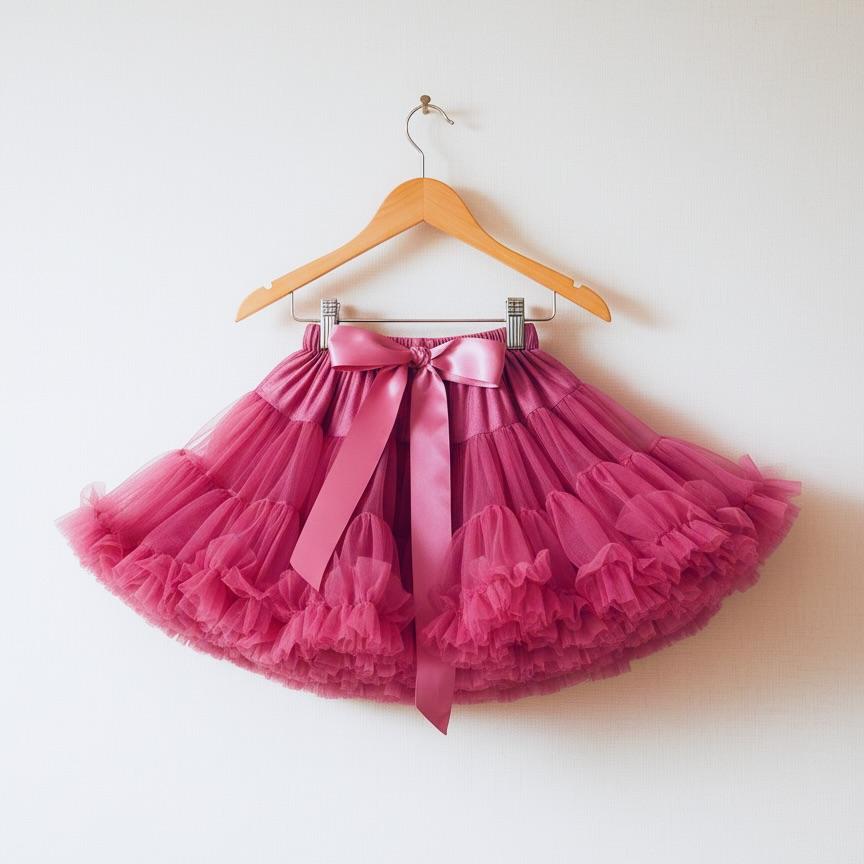 Pink tutu skirt on a hanger against a white background