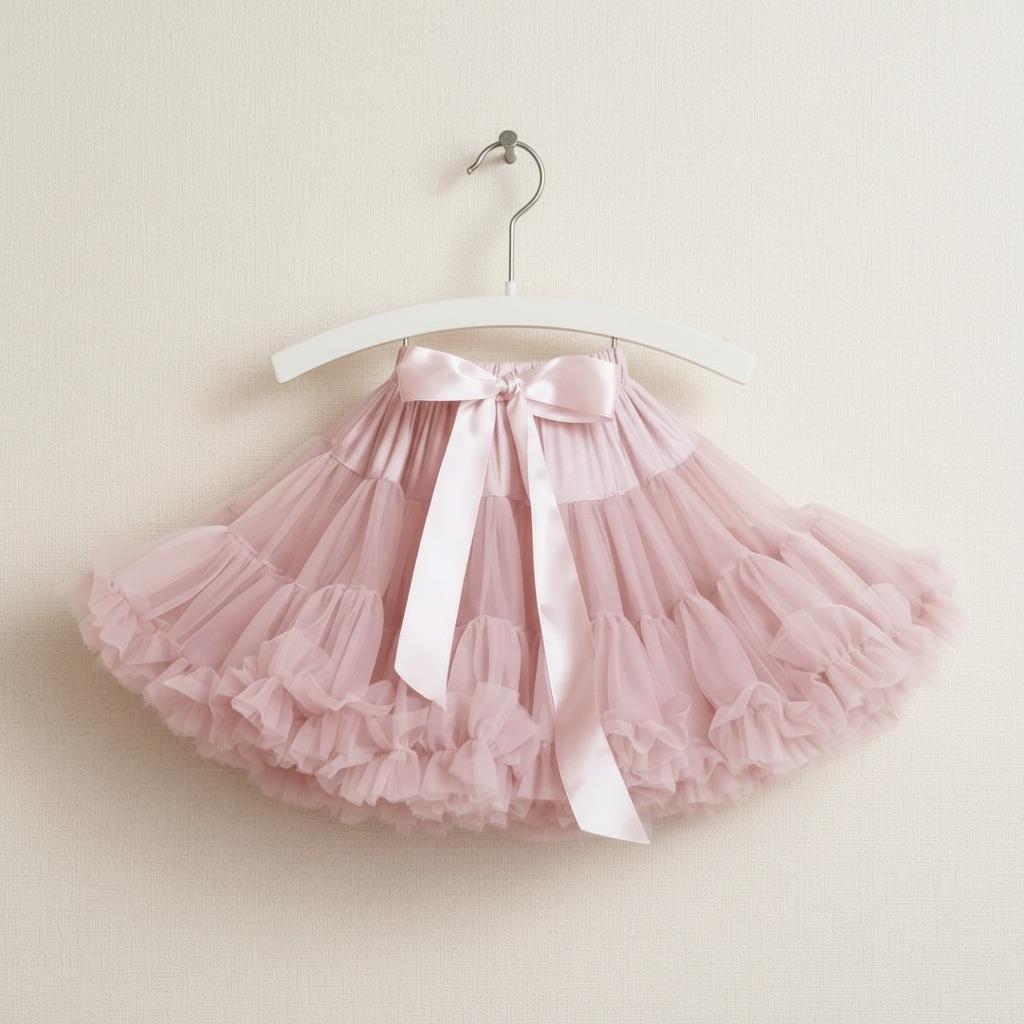 Pink tutu skirt with a bow on a hanger against a light background