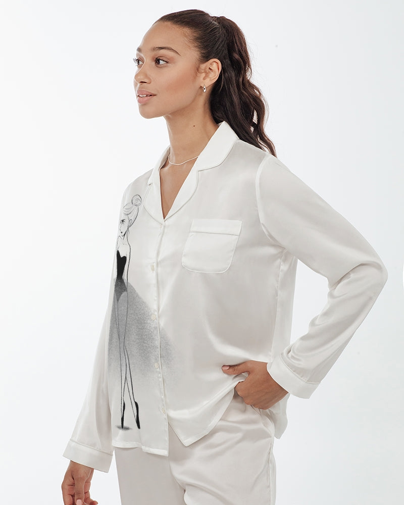 DOLLY® Doodling Ballerina Women's Satin Long Sleeve Pajama Top