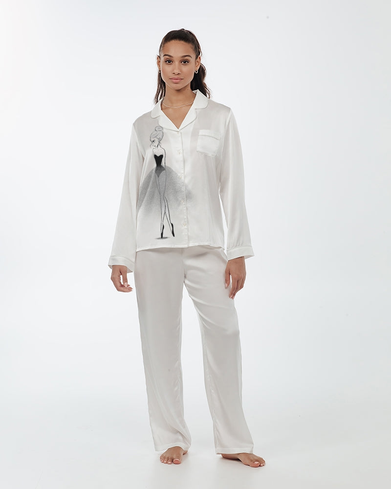 DOLLY® Doodling Ballerina Women's Satin Long Sleeve Pajama Top
