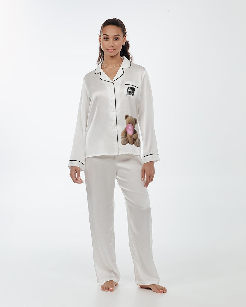 DOLLY® TEDDY BEAR BUBBLEGUM Women's Satin Long Sleeve Pajama Top