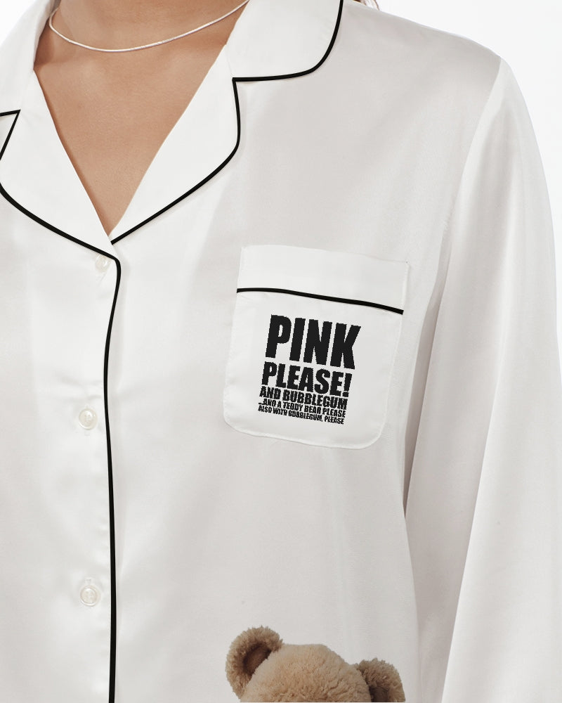 DOLLY® TEDDY BEAR BUBBLEGUM Women's Satin Long Sleeve Pajama Top