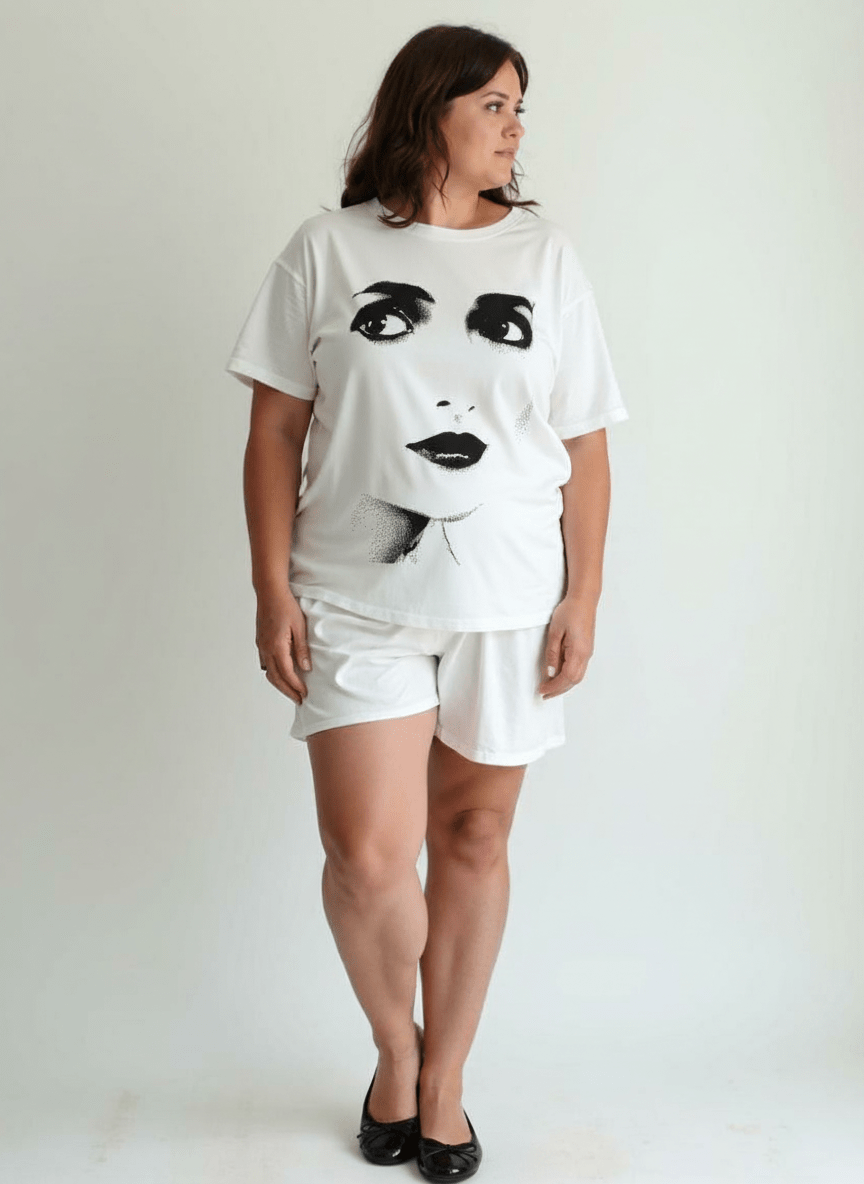 DOLLY Face White Black Crewneck Short Sleeve