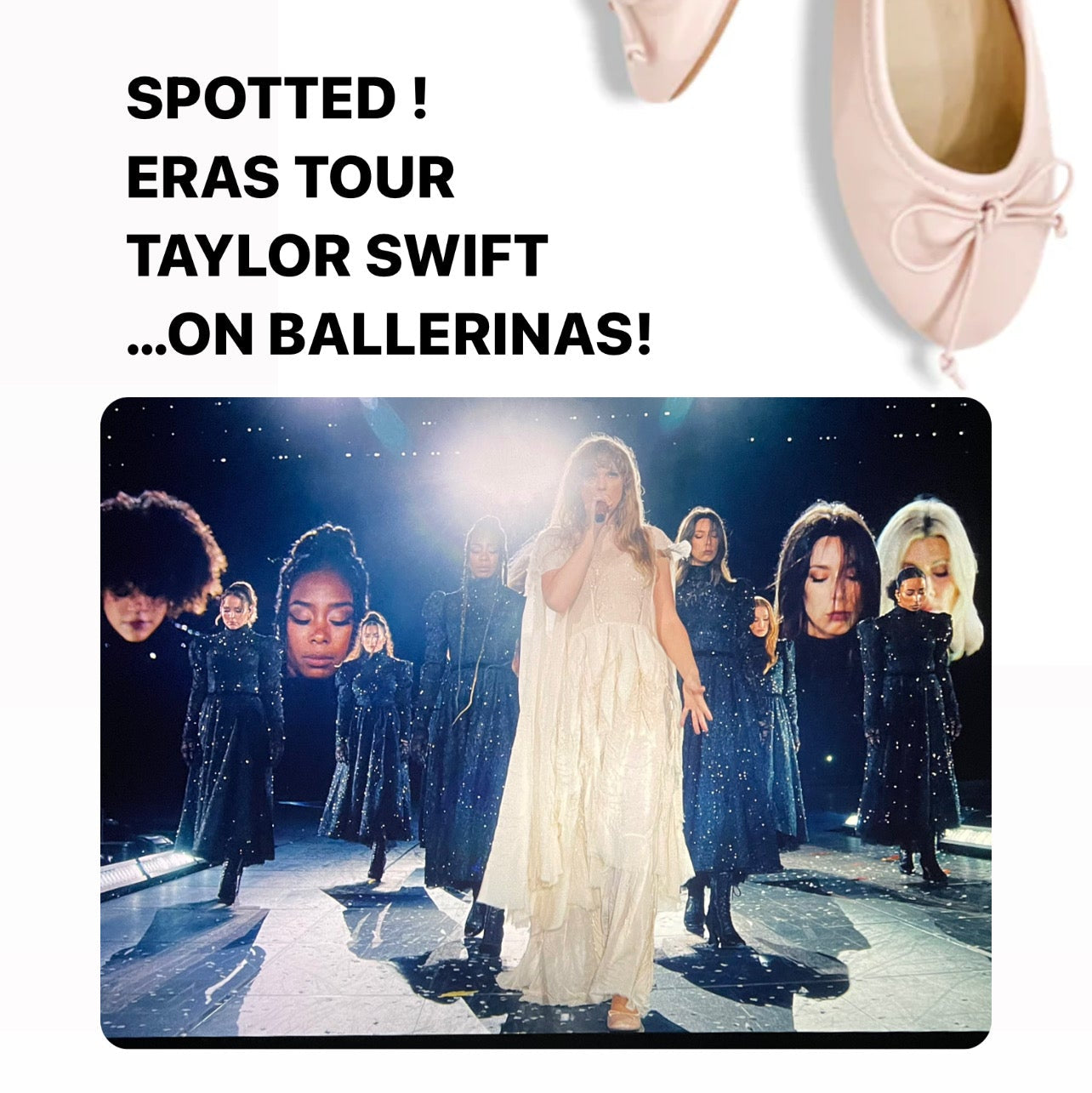 Stage performance with a focus on Taylor Swift and ballerinas, featuring text about her 'ERAS Tour'.