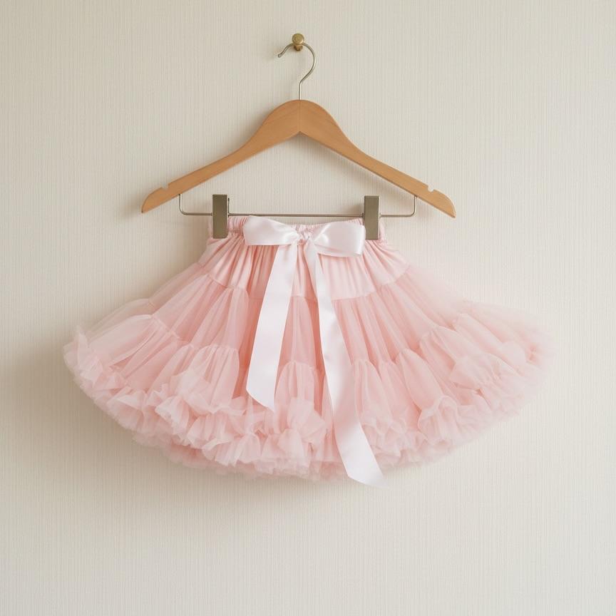 Pink tutu skirt with white ribbons on a wooden hanger against a beige wall.