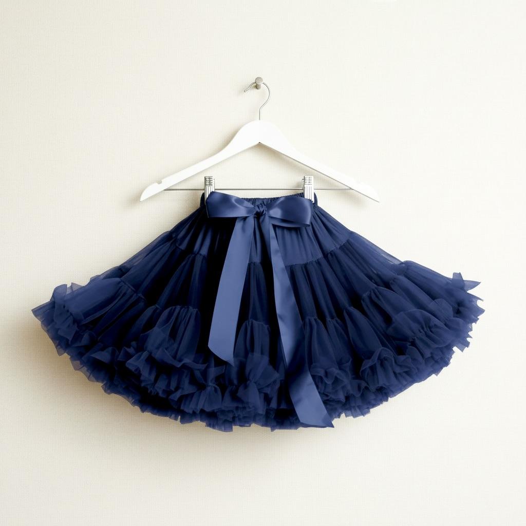 Navy blue tutu skirt on a white hanger against a beige background