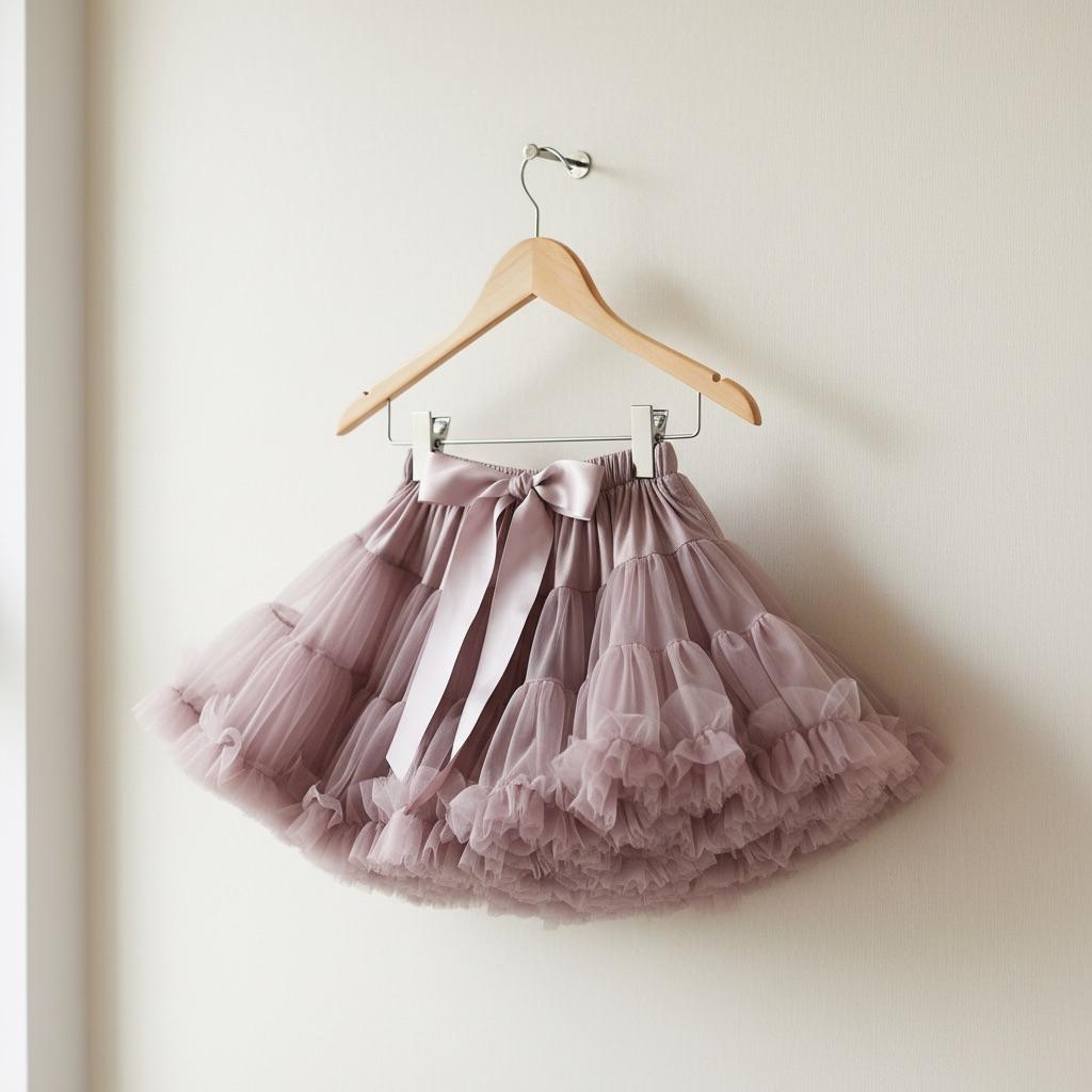 Pink tulle skirt on a wooden hanger against a white wall