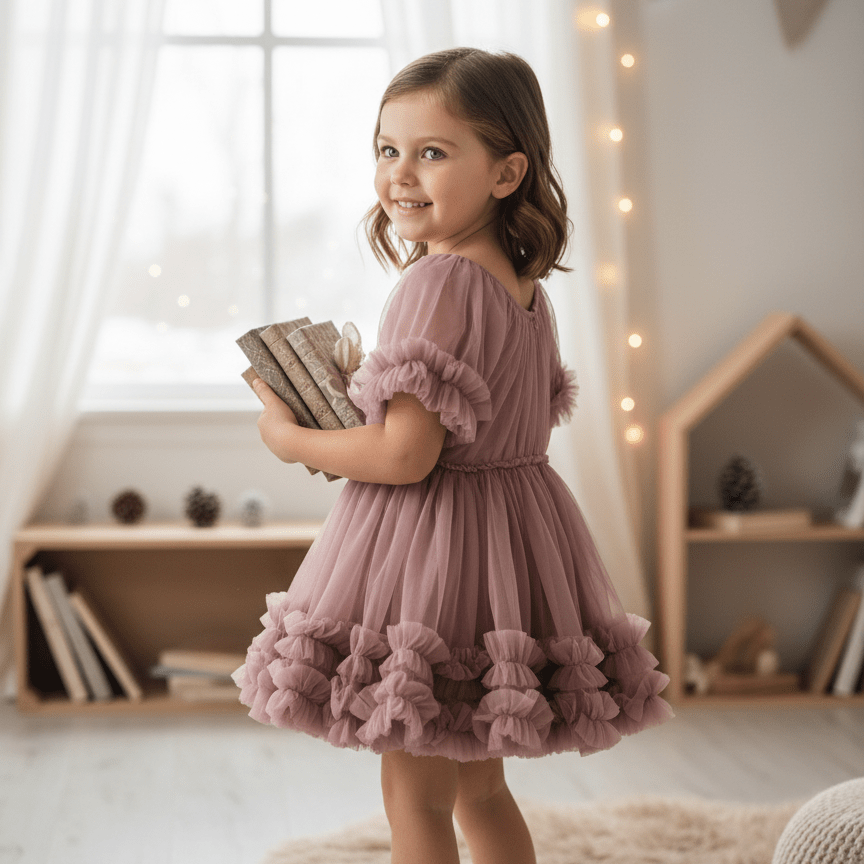 Young girl in a pink dress holding books in a cozy room with shelves and lights.