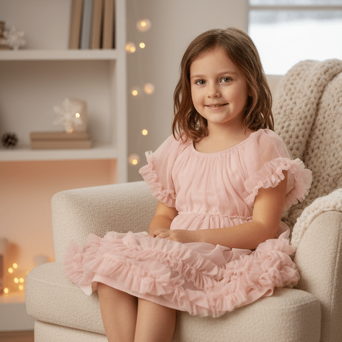 Young girl in a pink dress sitting on a couch in a cozy living room.