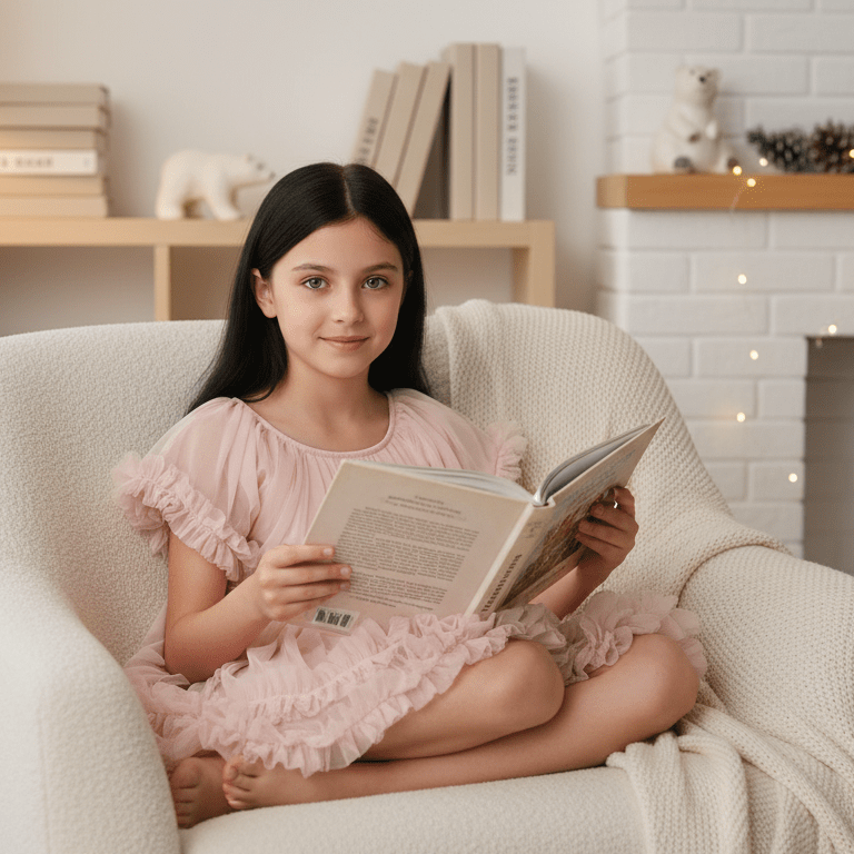 Young girl in a pink dress reading a book in a cozy living room.
