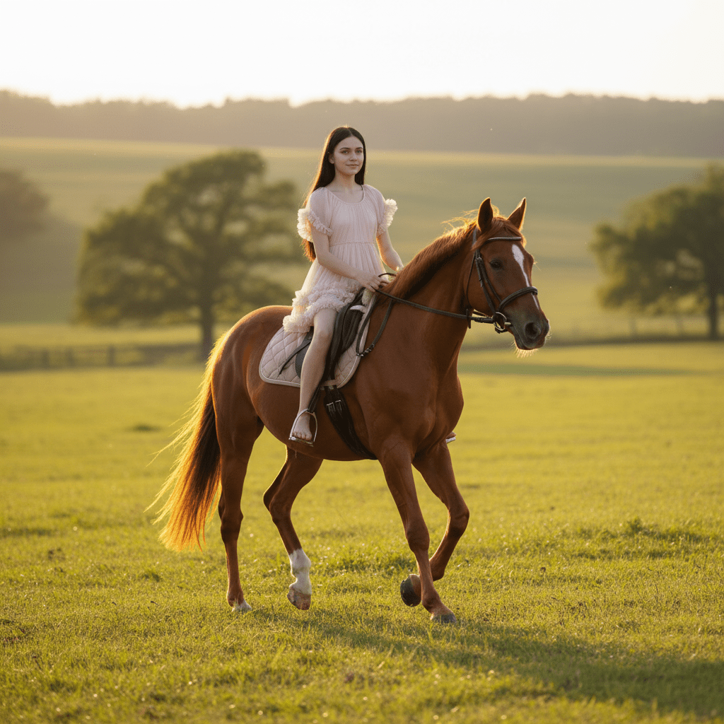 Woman riding a brown horse in a grassy field with trees in the background