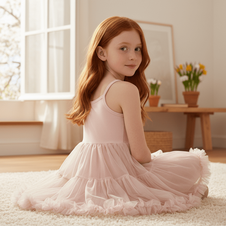 Young girl in a pink dress sitting on a carpeted floor with a bright room in the background.