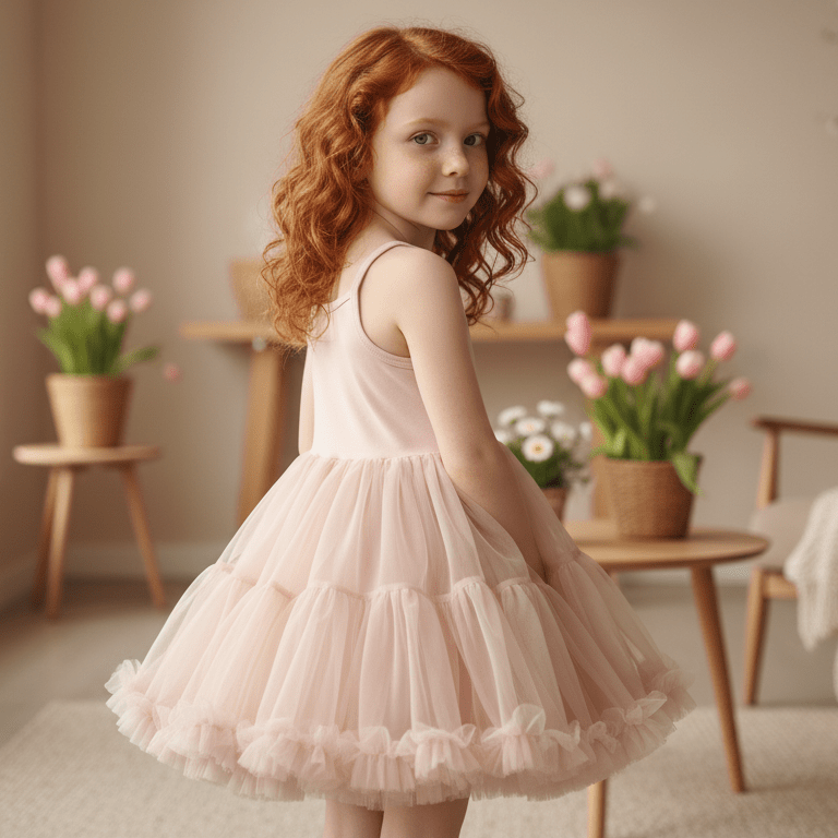 Young girl in a pink dress standing in a room with potted tulips.