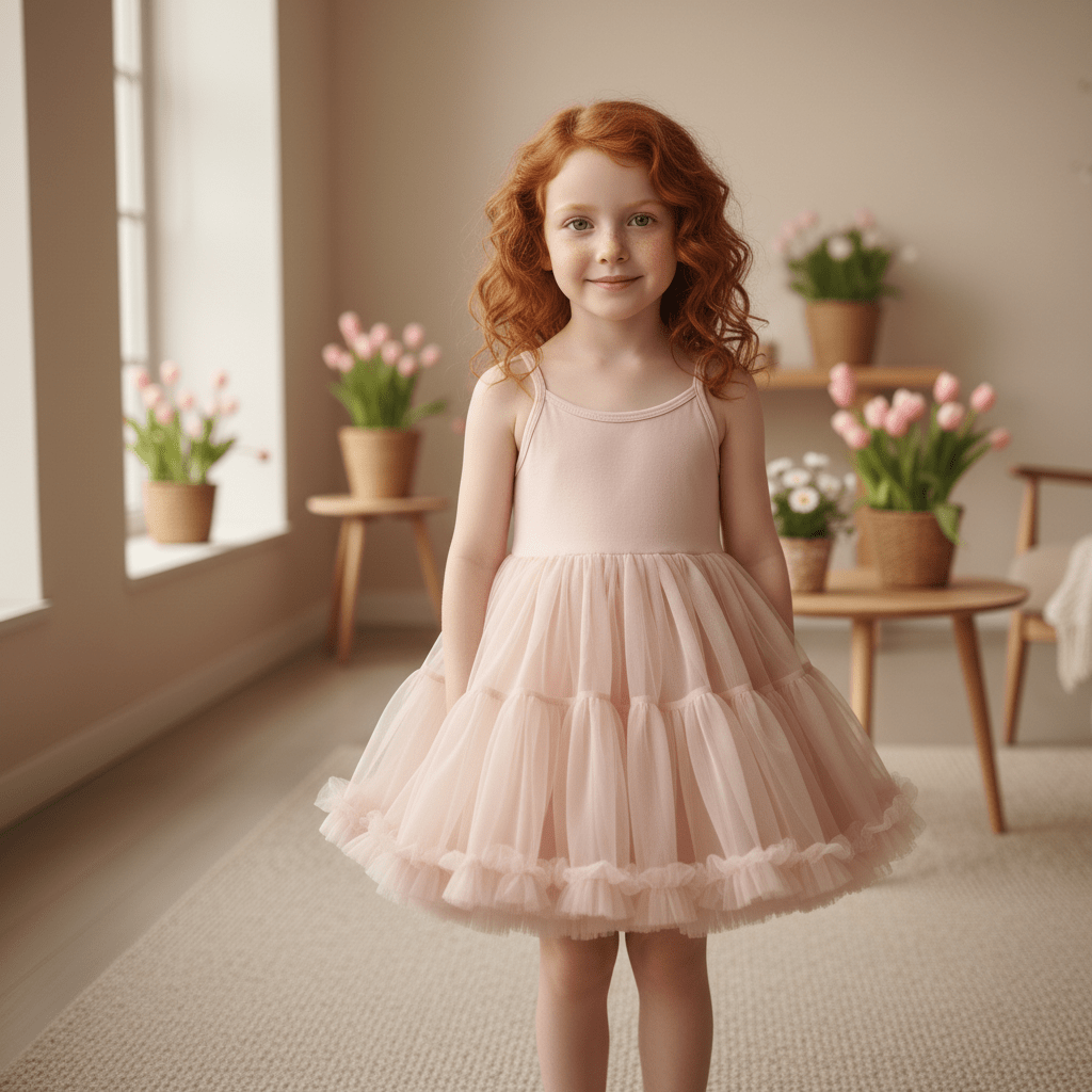 Young girl in a pink dress standing in a room with flowers and a window.
