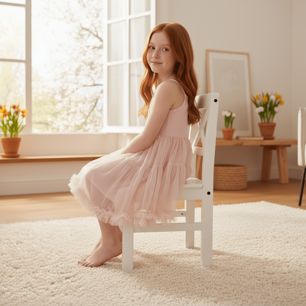 Young girl in a pink dress sitting on a white chair in a bright room with flowers and a window.