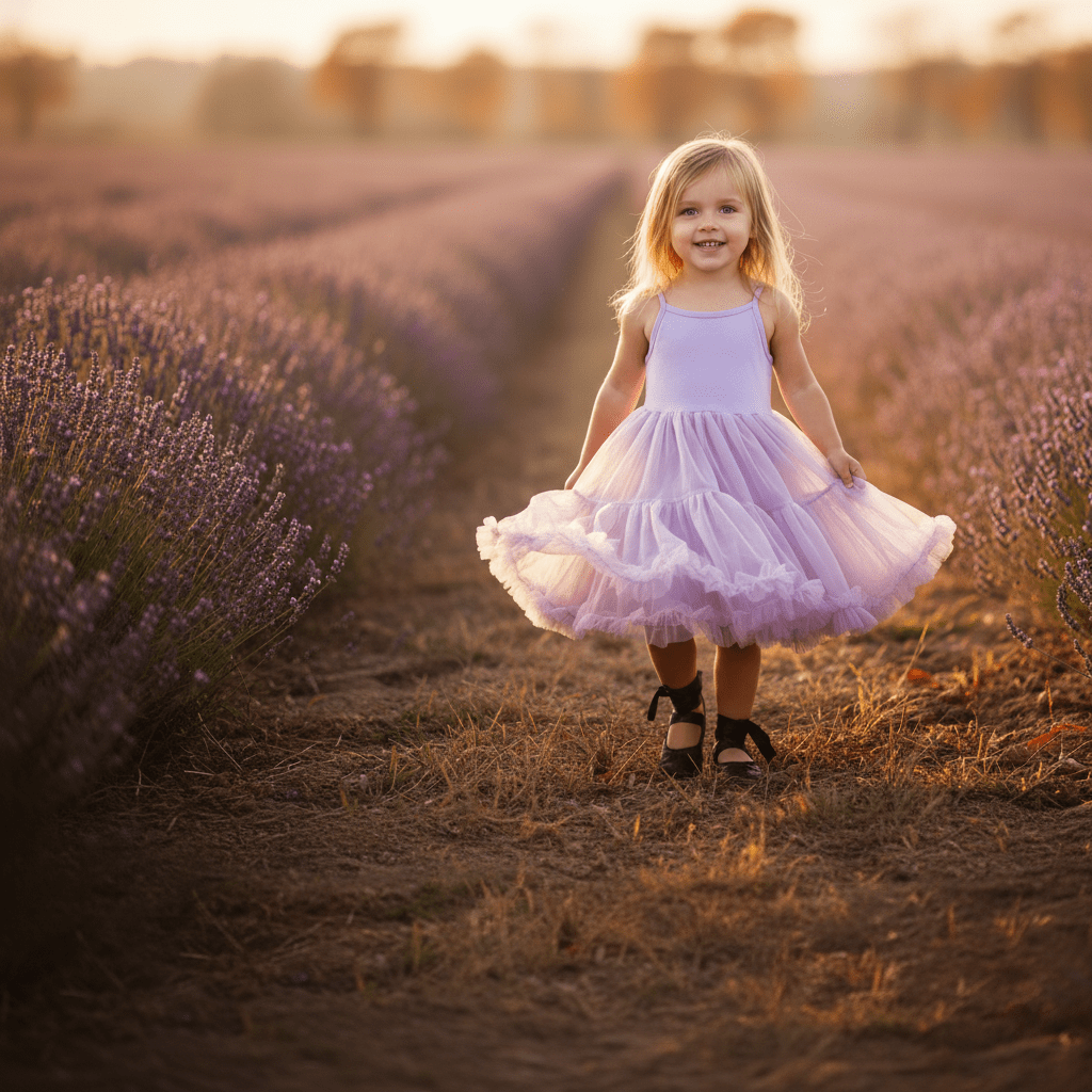 Young girl in a purple dress standing in a lavender field at sunset.