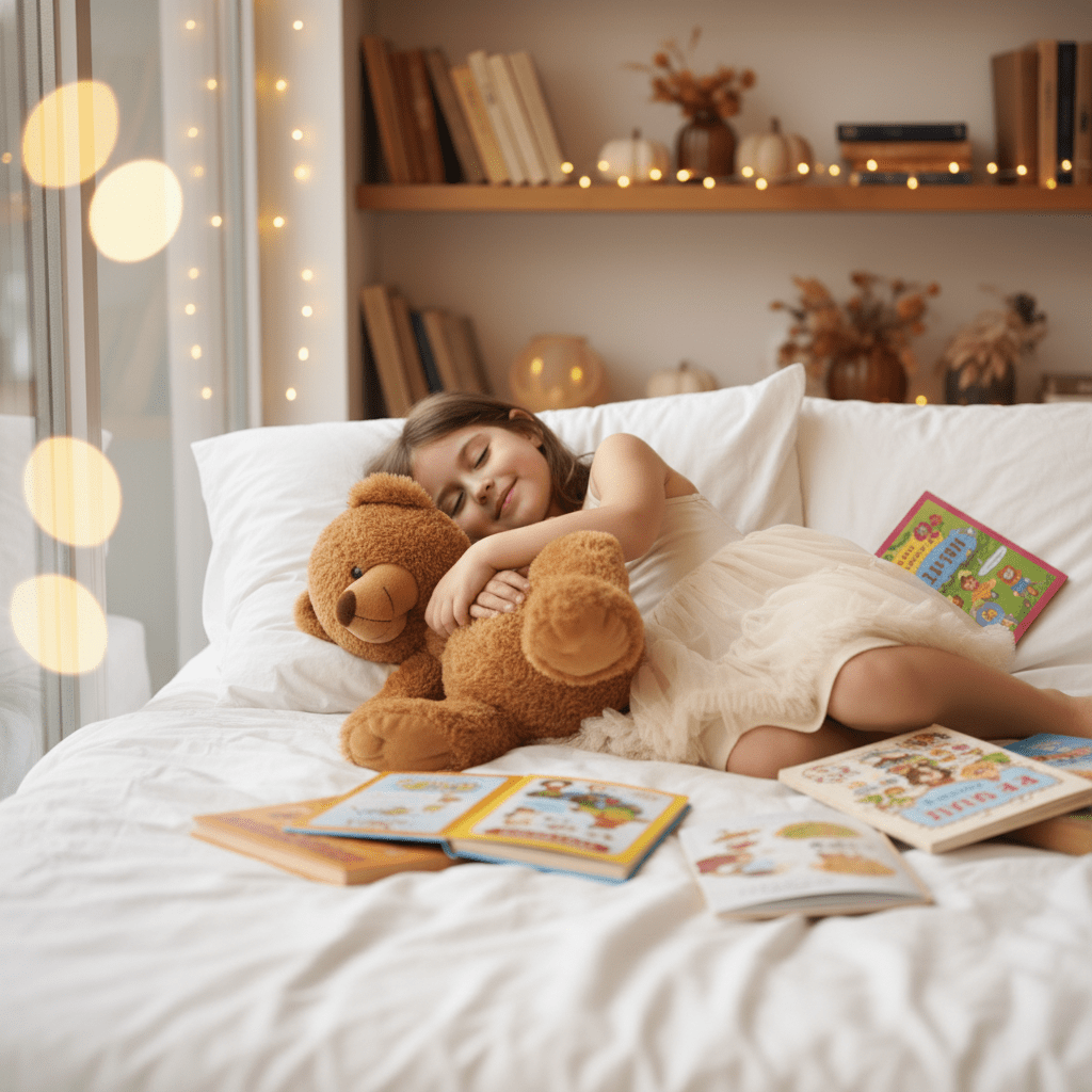Child sleeping on a bed with a teddy bear and books in a cozy room.