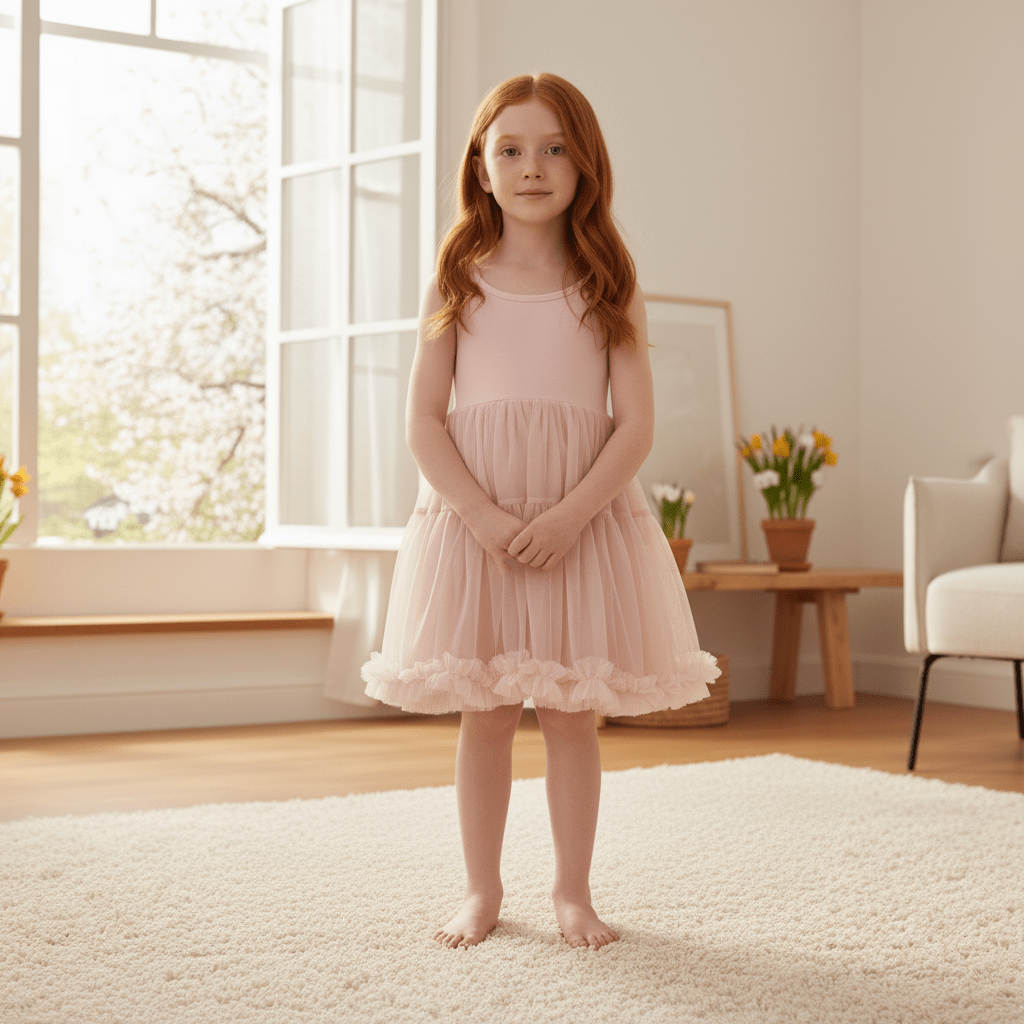 Young girl in a pink dress standing in a bright room with large windows.