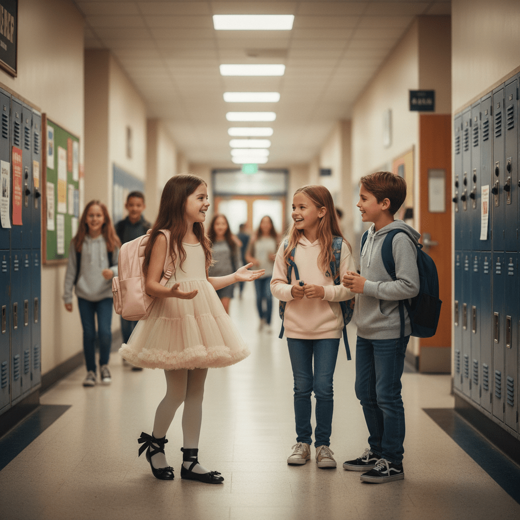 Children in a school hallway interacting with each other
