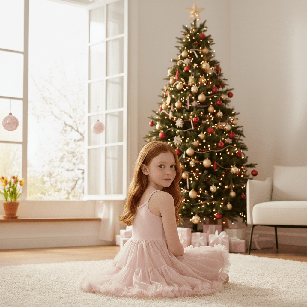 Young girl in a pink dress sitting on the floor in front of a decorated Christmas tree.