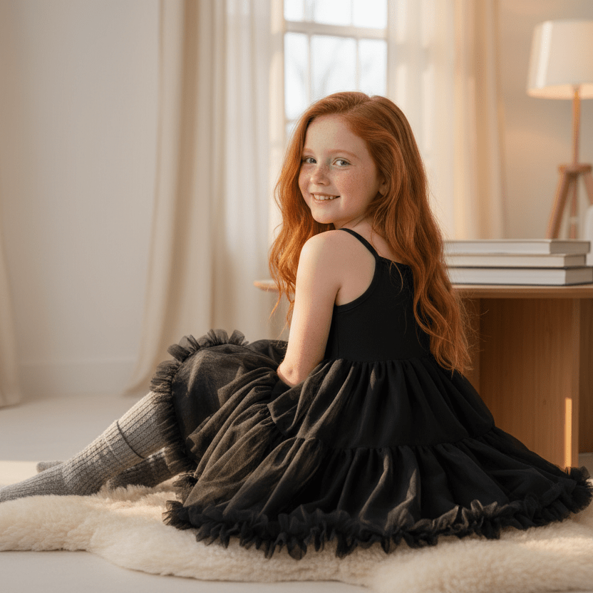 Young girl in a black dress sitting on a rug in a cozy living room.