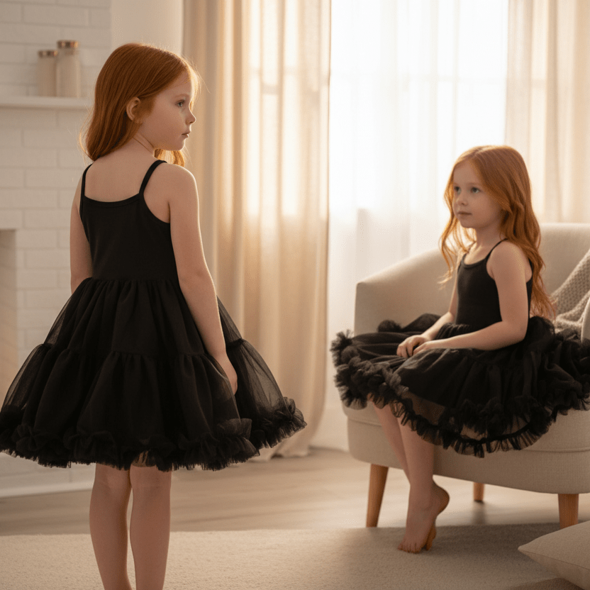 Two young girls in black tutu dresses standing in a softly lit room.