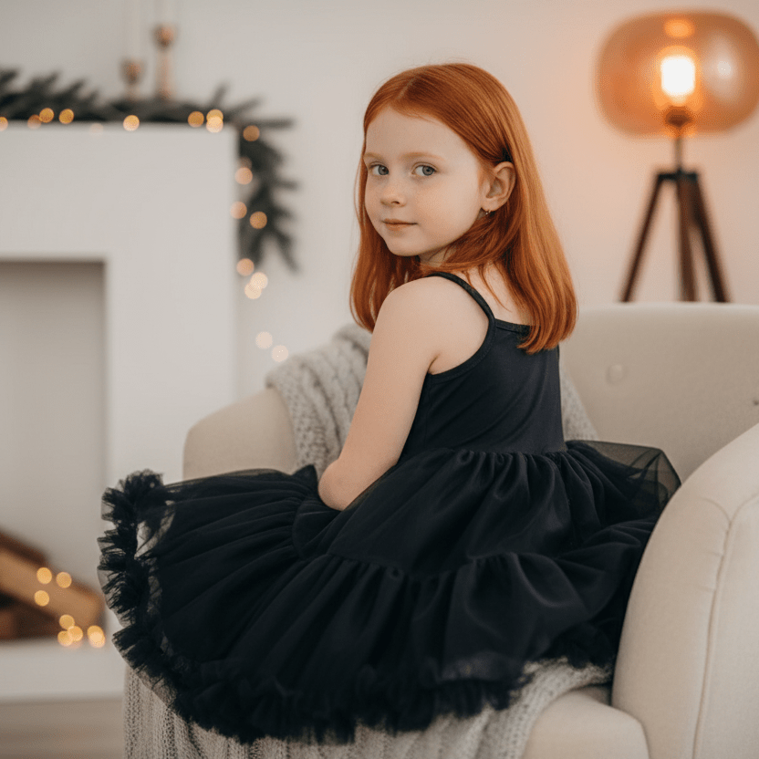 Young girl in a black dress sitting on a couch in a cozy living room.