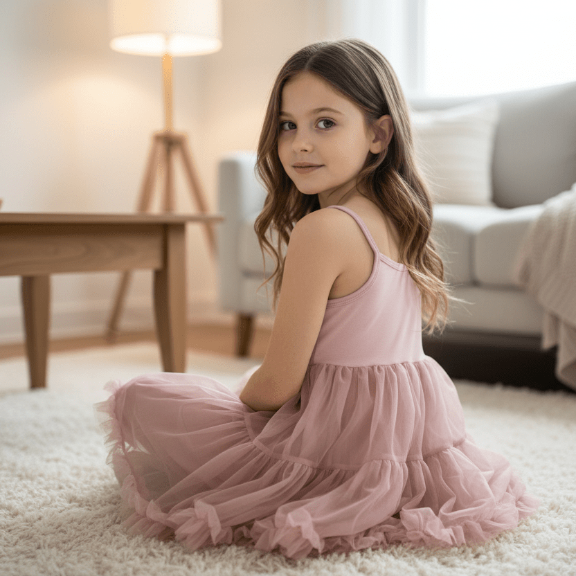 Young girl in a pink dress sitting on a carpeted floor in a living room.