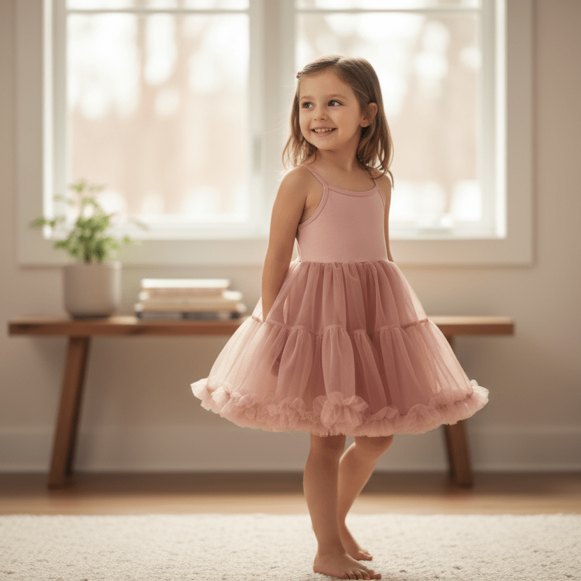 Young girl in a pink dress standing in a softly lit room with a wooden bench and plant in the background.