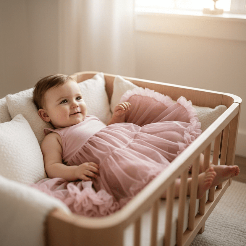Baby in a pink dress lying in a crib with soft lighting