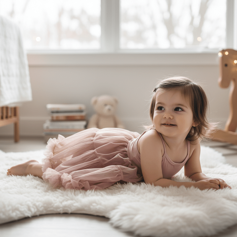 Child in a pink dress lying on a white rug in a softly lit room.