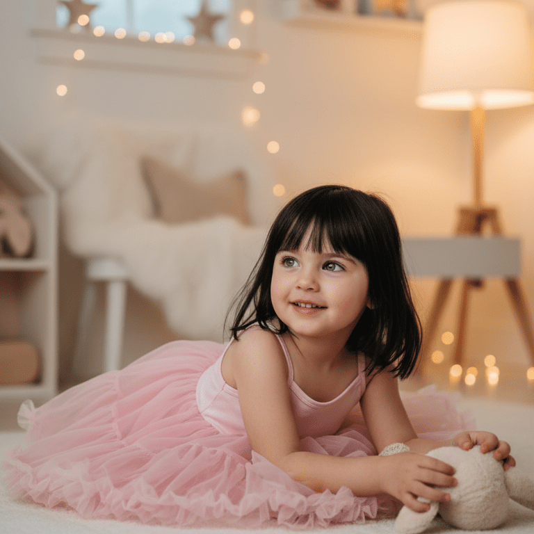Young girl in a pink dress holding a teddy bear in a softly lit room.