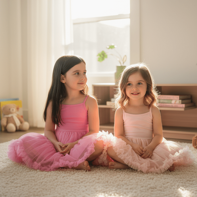 Two young girls in pink dresses sitting on a carpeted floor.
