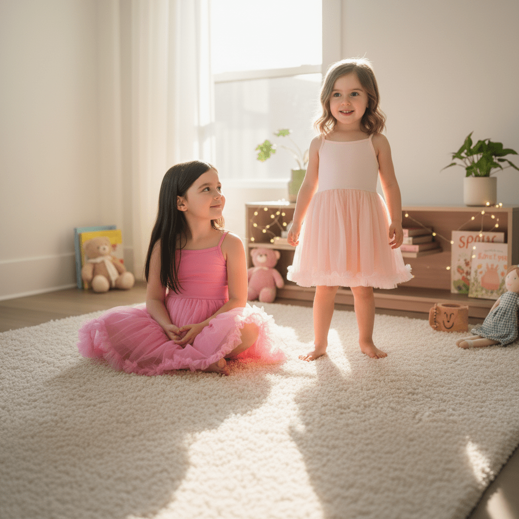 Two young girls in pink dresses sitting and standing on a carpeted floor.