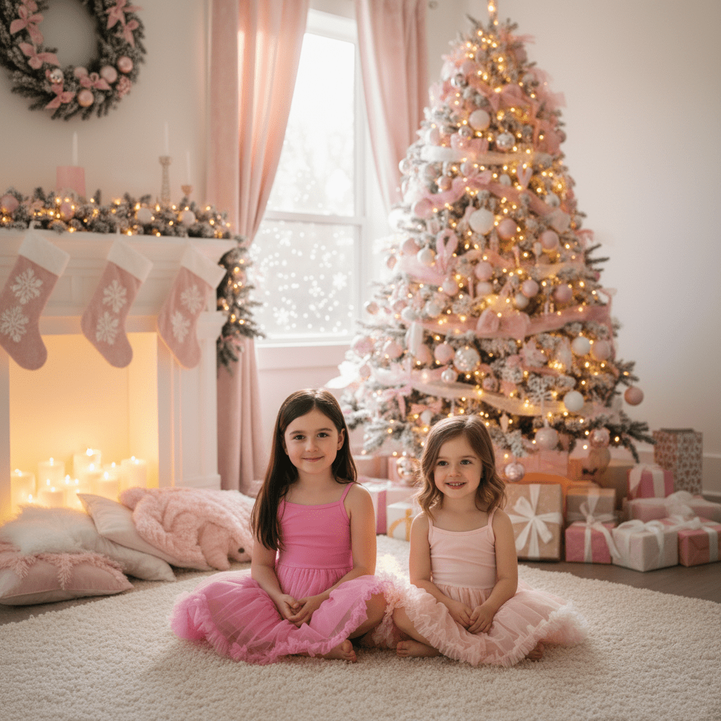 Two young girls in pink dresses sitting on the floor in front of a decorated Christmas tree with lights and presents.