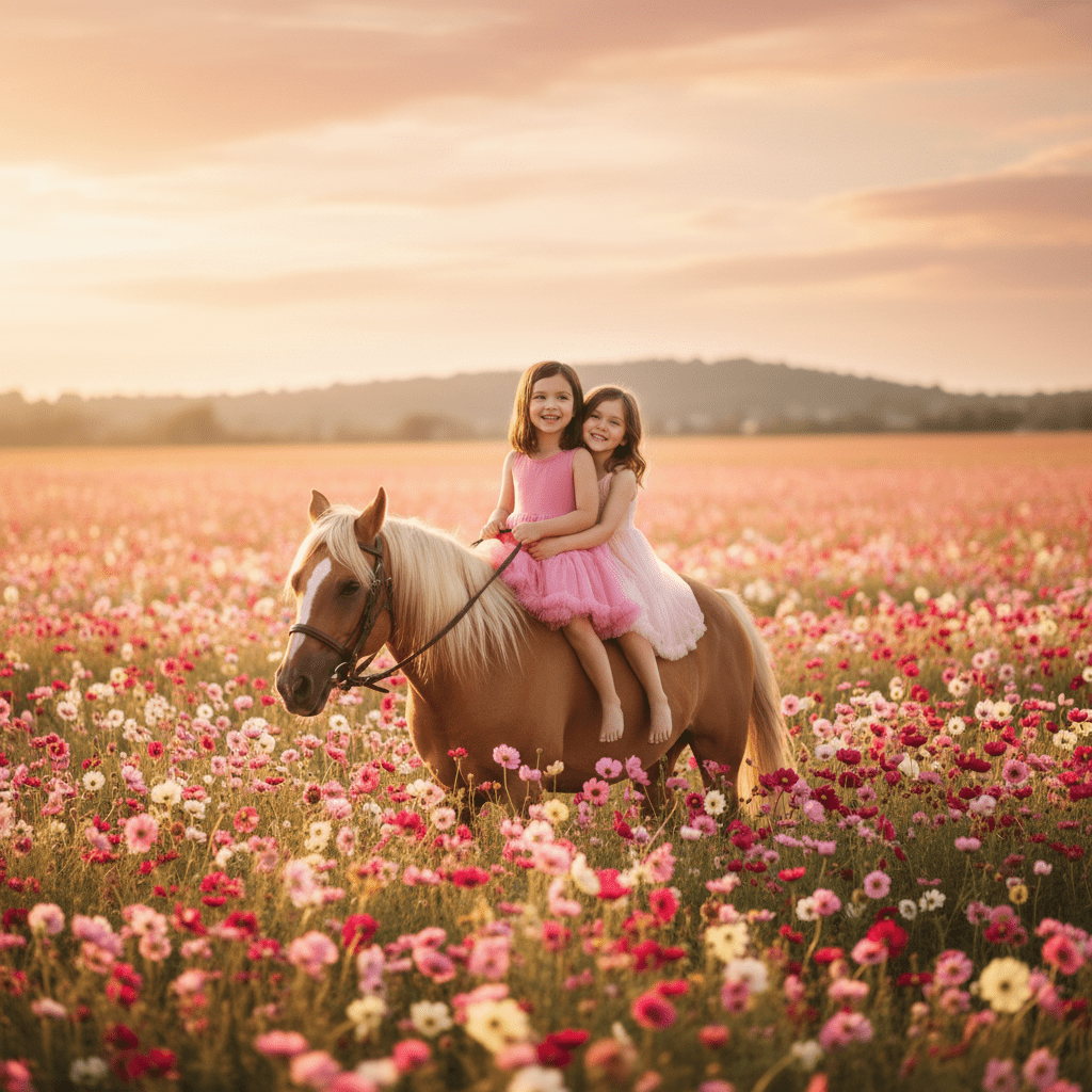 Two young girls in pink dresses riding a horse in a field of flowers with a sunset sky.