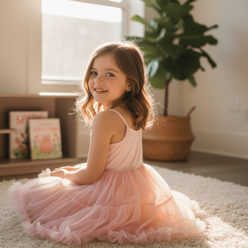 Young girl in a pink dress sitting on a carpeted floor with a plant and books in the background.