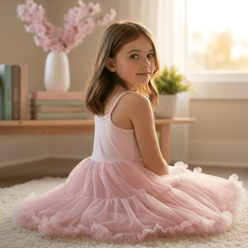 Young girl in a pink dress sitting on the floor with a soft, warm light in the background.