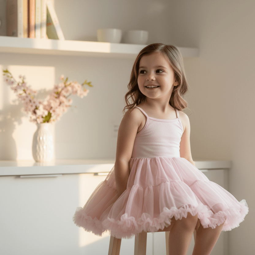 Young girl in a pink dress standing in a bright room with a window and shelves in the background.