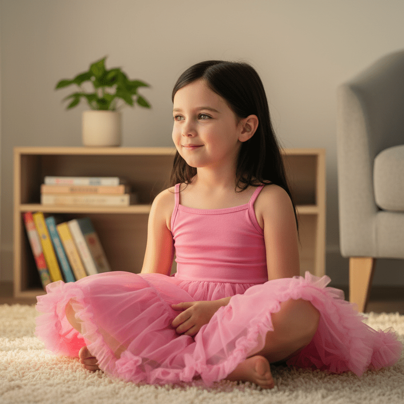 Young girl in a pink dress sitting on the floor with a bookshelf in the background