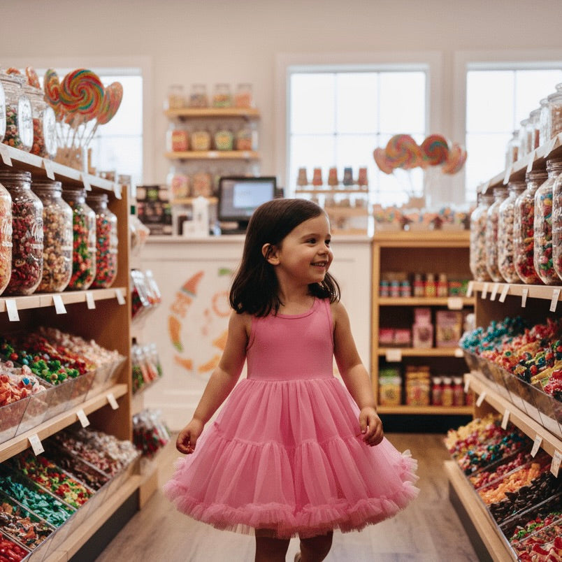 Young girl in a pink dress standing in a candy store